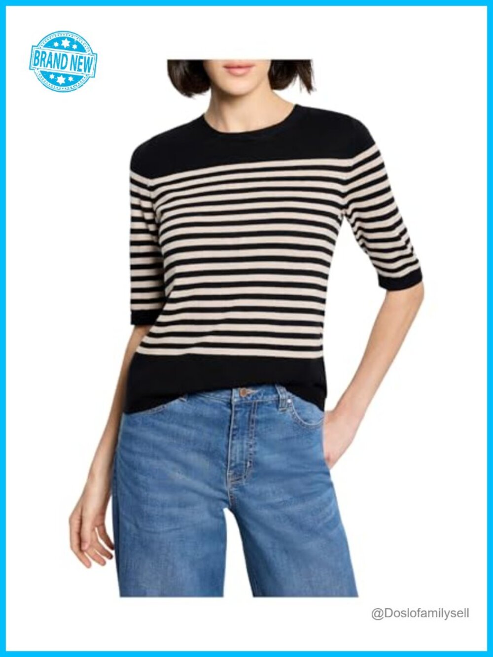 NIC+ZOE Pure Cotton Stripe Sweater Tee Elbow Sleeve Pullover